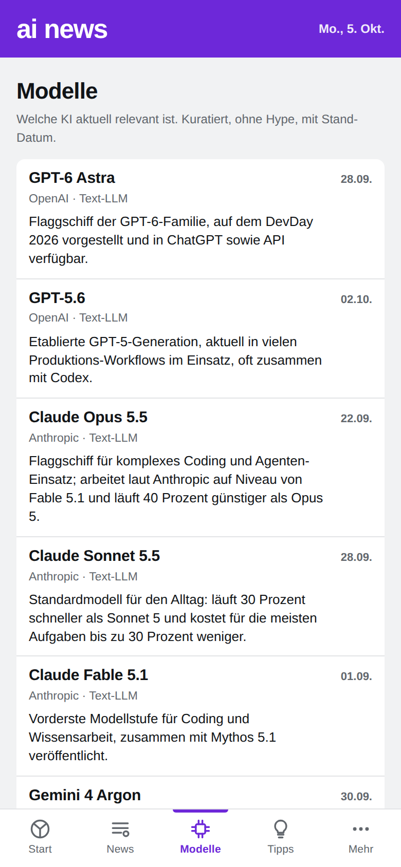 Modell-Katalog mit 20 aktuellen KI-Modellen