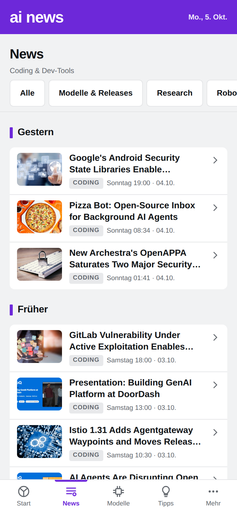 News-Tab mit dem Filter Coding und Dev-Tools