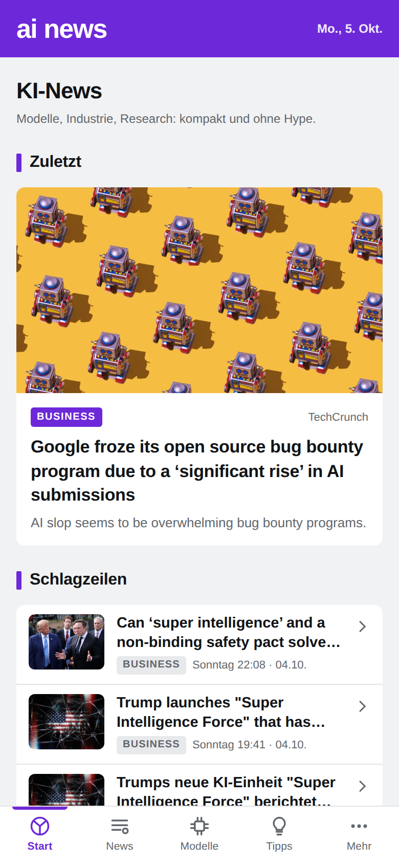 Startseite von AI News mit dem Tages-Fokus und den wichtigsten KI-Meldungen